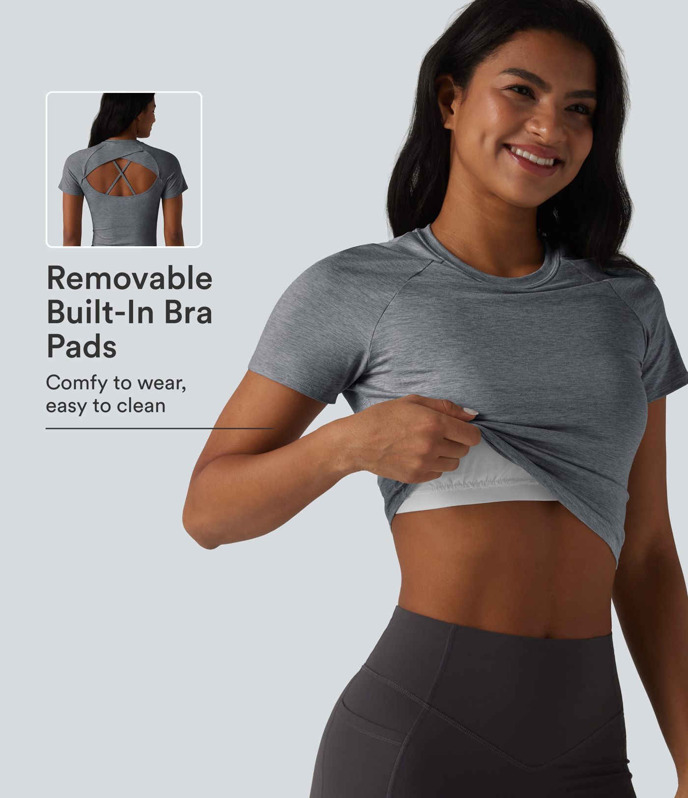 Yoga-Sport-Top mit Rundhalsausschnitt, kurzen Ärmeln und integriertem BH