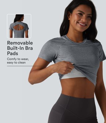 Yoga-Sport-Top mit Rundhalsausschnitt, kurzen Ärmeln und integriertem BH