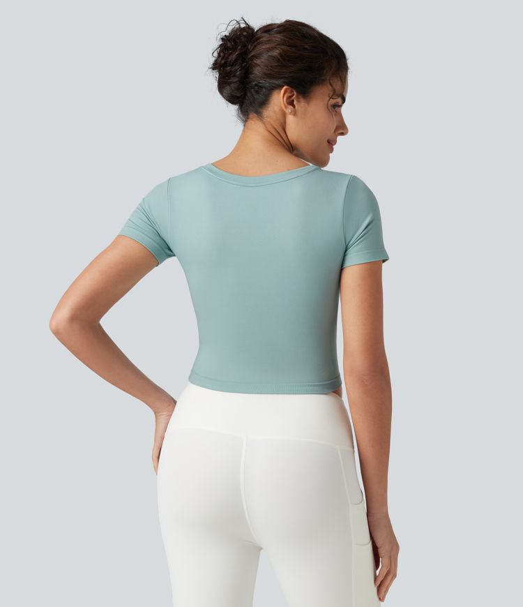 OneForm Seamless Flow - Yoga-Sport-Top mit V-Ausschnitt, kurzen Ärmeln und integriertem BH