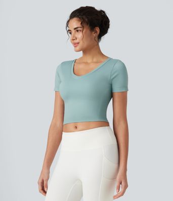 OneForm Seamless Flow - Yoga-Sport-Top mit V-Ausschnitt, kurzen Ärmeln und integriertem BH