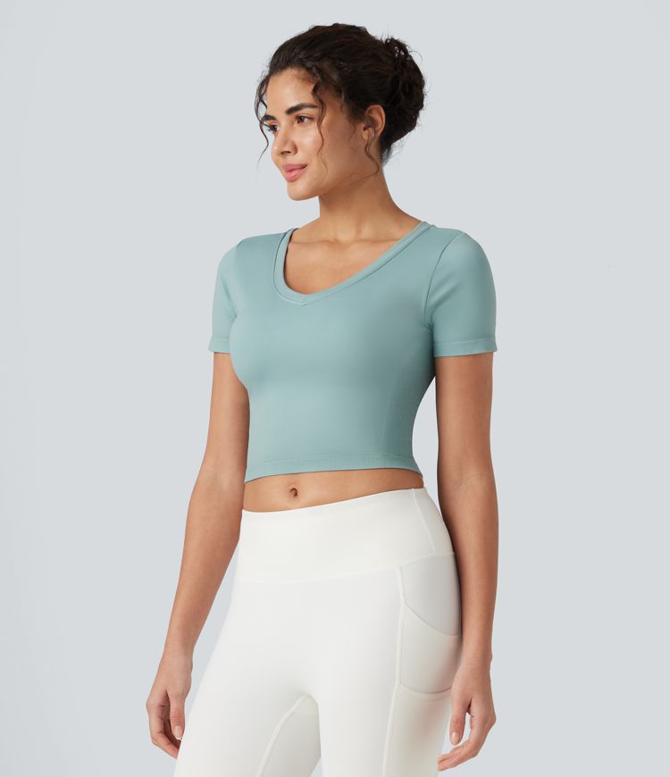 OneForm Seamless Flow - Yoga-Sport-Top mit V-Ausschnitt, kurzen Ärmeln und integriertem BH