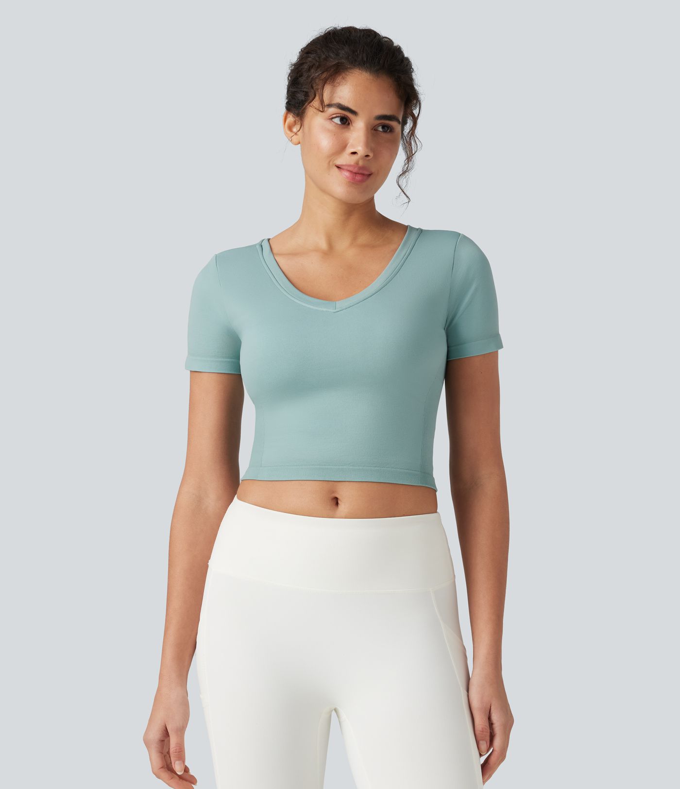 OneForm Seamless Flow - Yoga-Sport-Top mit V-Ausschnitt, kurzen Ärmeln und integriertem BH