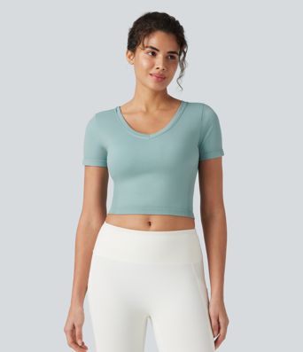 OneForm Seamless Flow - Yoga-Sport-Top mit V-Ausschnitt, kurzen Ärmeln und integriertem BH