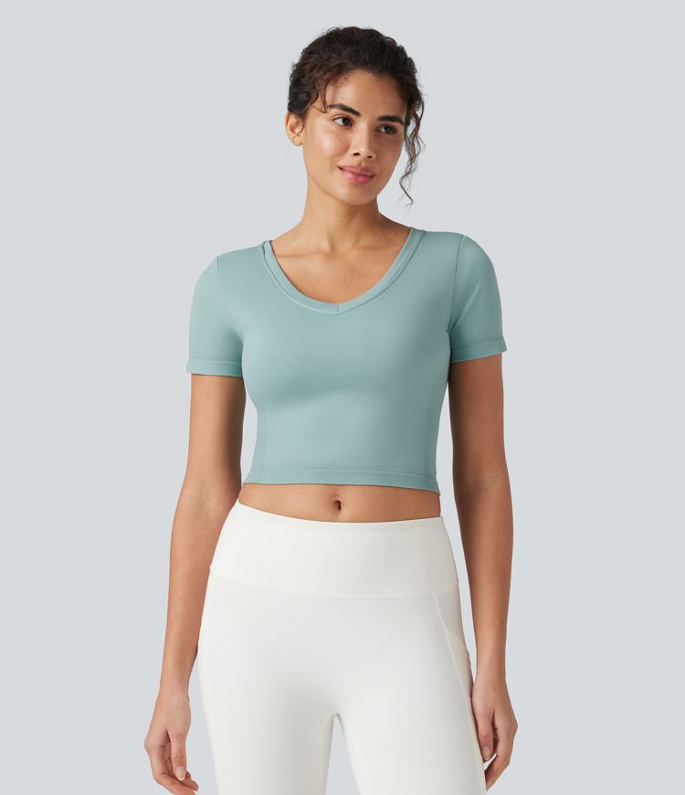 OneForm Seamless Flow - Yoga-Sport-Top mit V-Ausschnitt, kurzen Ärmeln und integriertem BH