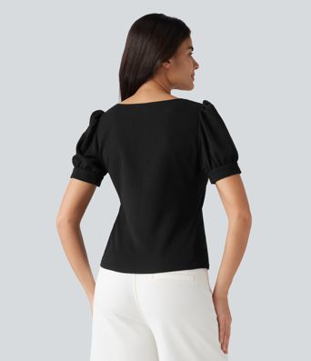 Blusa de trabajo con escote cuadrado, mangas abullonadas y tejido texturizado