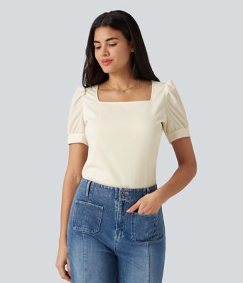 Square Neck Puff Sleeve Texture Work Blouse