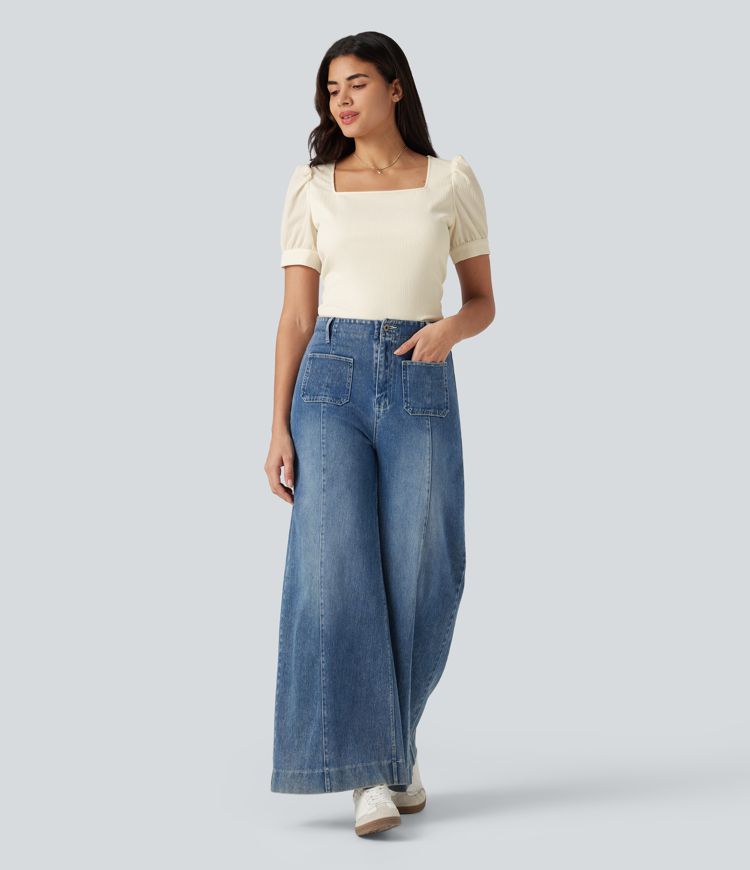 Square Neck Puff Sleeve Texture Work Blouse