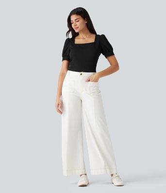 Blusa de trabajo con escote cuadrado, mangas abullonadas y tejido texturizado