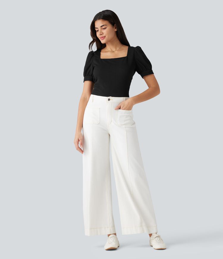 Blusa de trabajo con escote cuadrado, mangas abullonadas y tejido texturizado