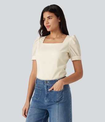 Square Neck Puff Sleeve Texture Work Blouse