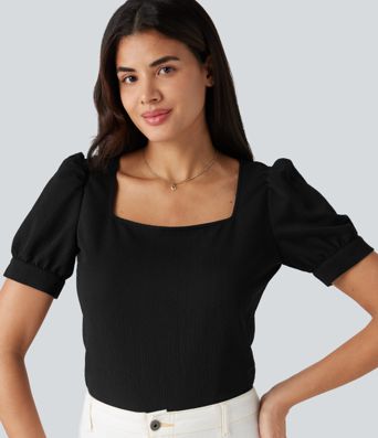 Blusa de trabajo con escote cuadrado, mangas abullonadas y tejido texturizado