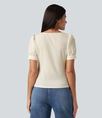 Square Neck Puff Sleeve Texture Work Blouse