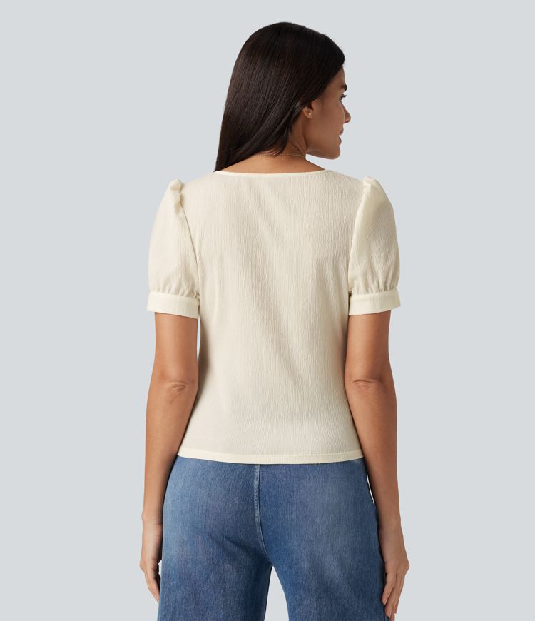 Square Neck Puff Sleeve Texture Work Blouse