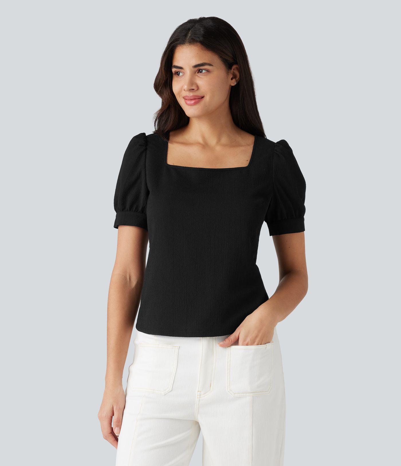 Blusa de trabajo con escote cuadrado, mangas abullonadas y tejido texturizado