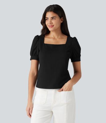 Blusa de trabajo con escote cuadrado, mangas abullonadas y tejido texturizado