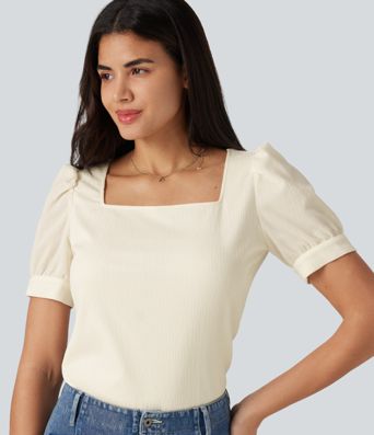 Square Neck Puff Sleeve Texture Work Blouse