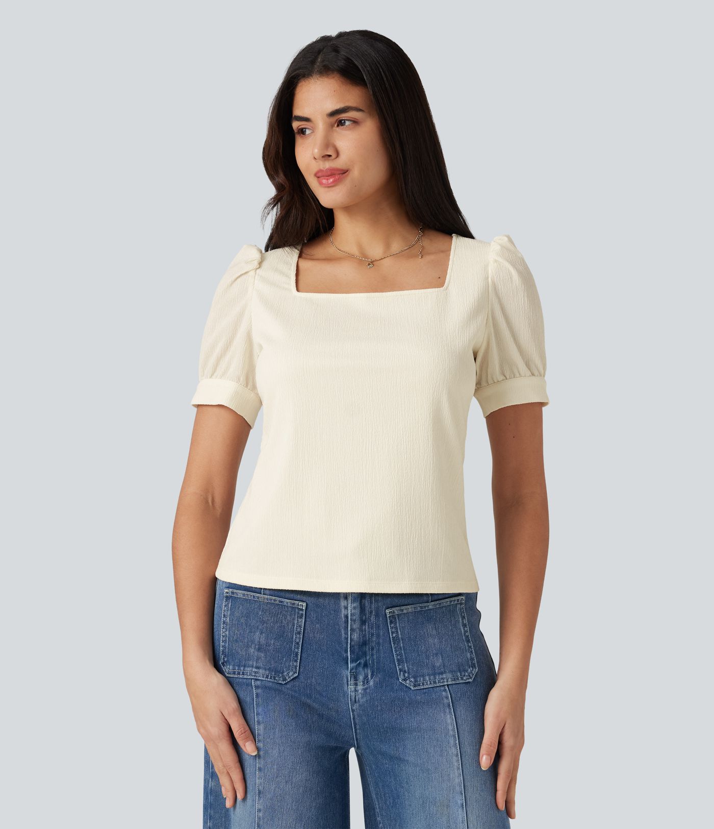 Square Neck Puff Sleeve Texture Work Blouse