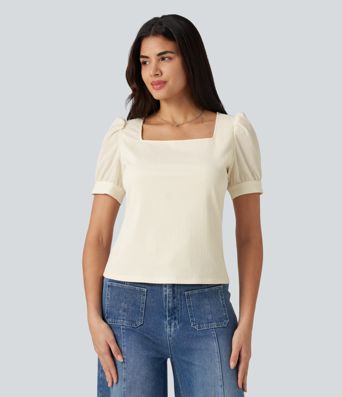 Square Neck Puff Sleeve Texture Work Blouse