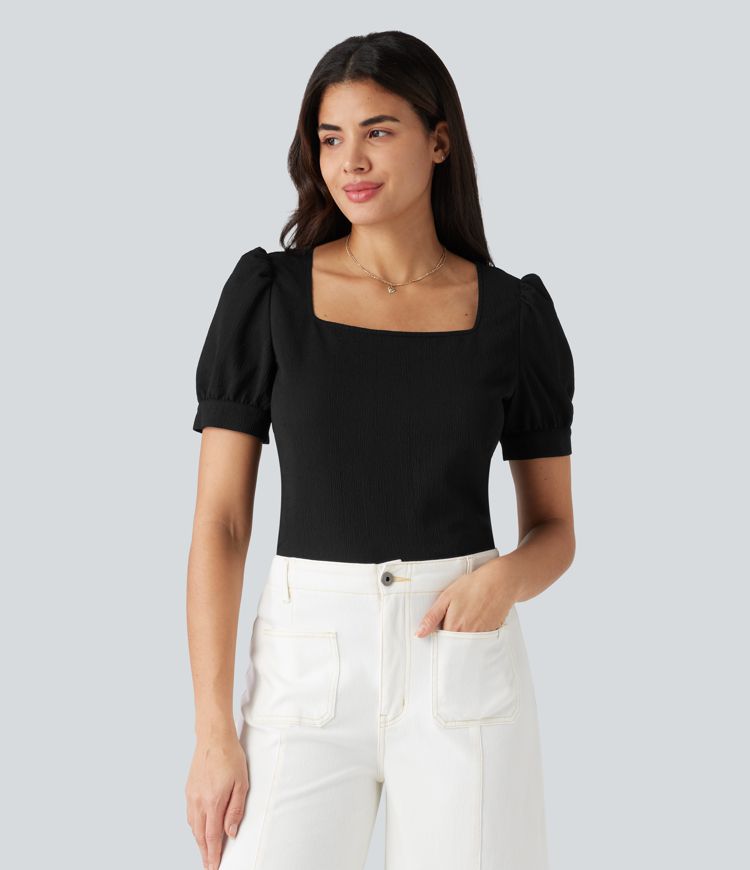 Blusa de trabajo con escote cuadrado, mangas abullonadas y tejido texturizado