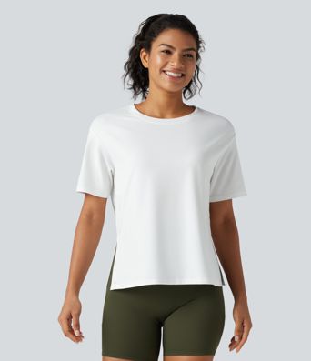 Round Neck Short Sleeve Split Hem Loose Fit Yoga Cotton Sports Top