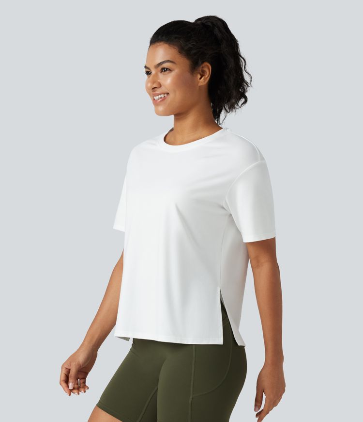 Round Neck Short Sleeve Split Hem Loose Fit Yoga Cotton Sports Top