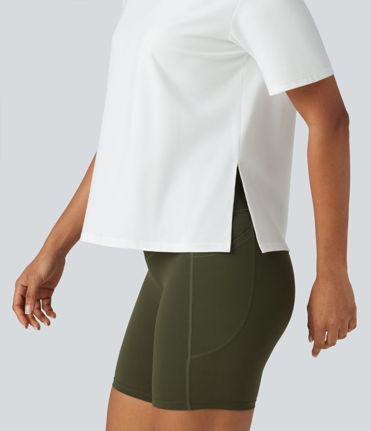 Round Neck Short Sleeve Split Hem Loose Fit Yoga Cotton Sports Top