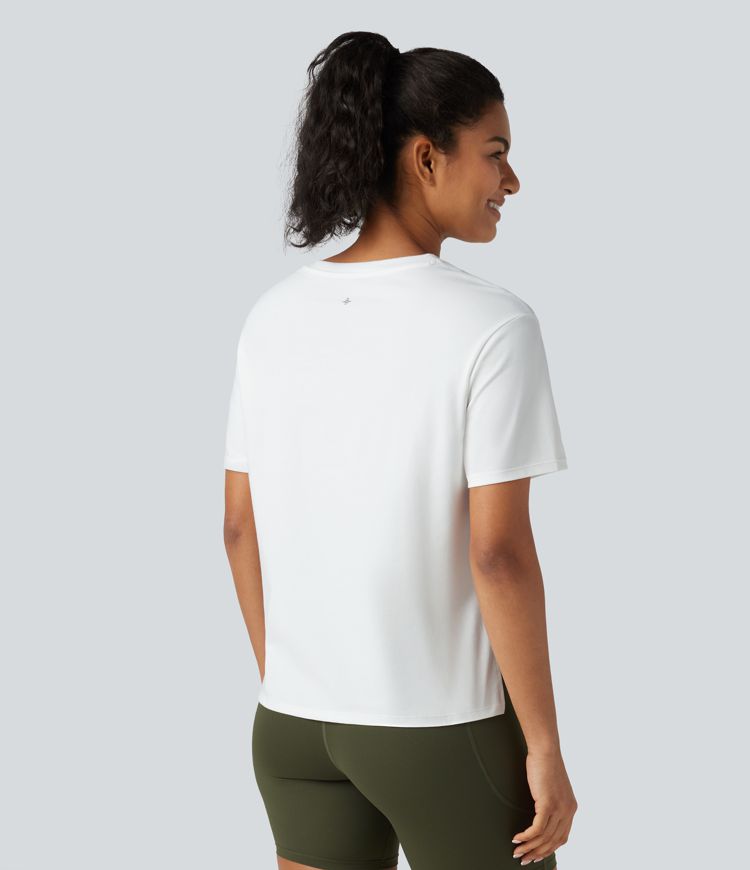 Round Neck Short Sleeve Split Hem Loose Fit Yoga Cotton Sports Top