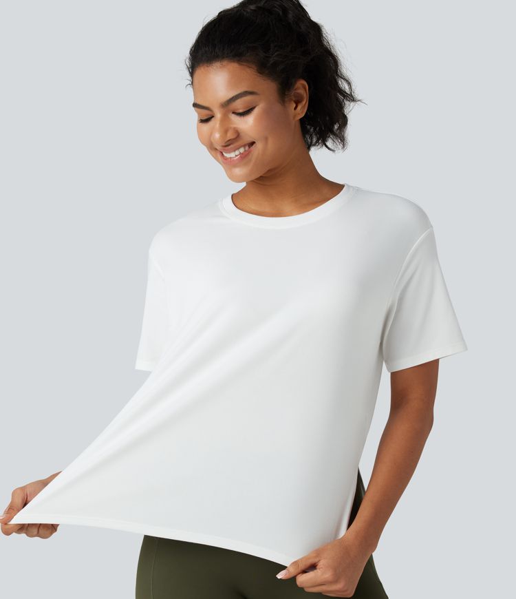 Round Neck Short Sleeve Split Hem Loose Fit Yoga Cotton Sports Top