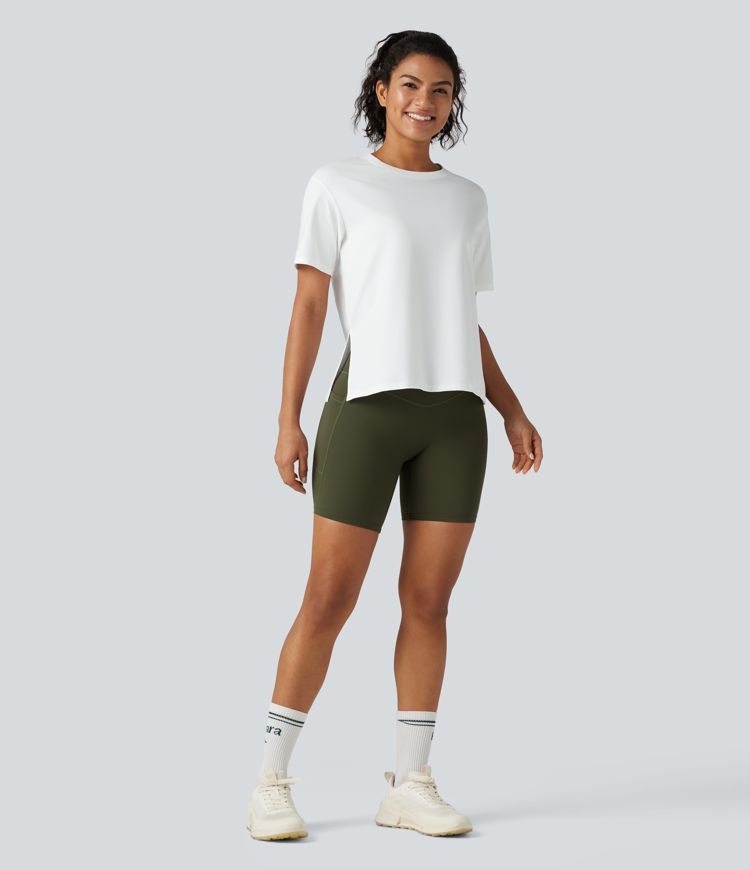 Round Neck Short Sleeve Split Hem Loose Fit Yoga Cotton Sports Top