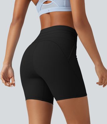 Ribbed Knit High Waisted Drawstring Quick Dry Yoga Biker Shorts 6'' with Pockets-UPF50+