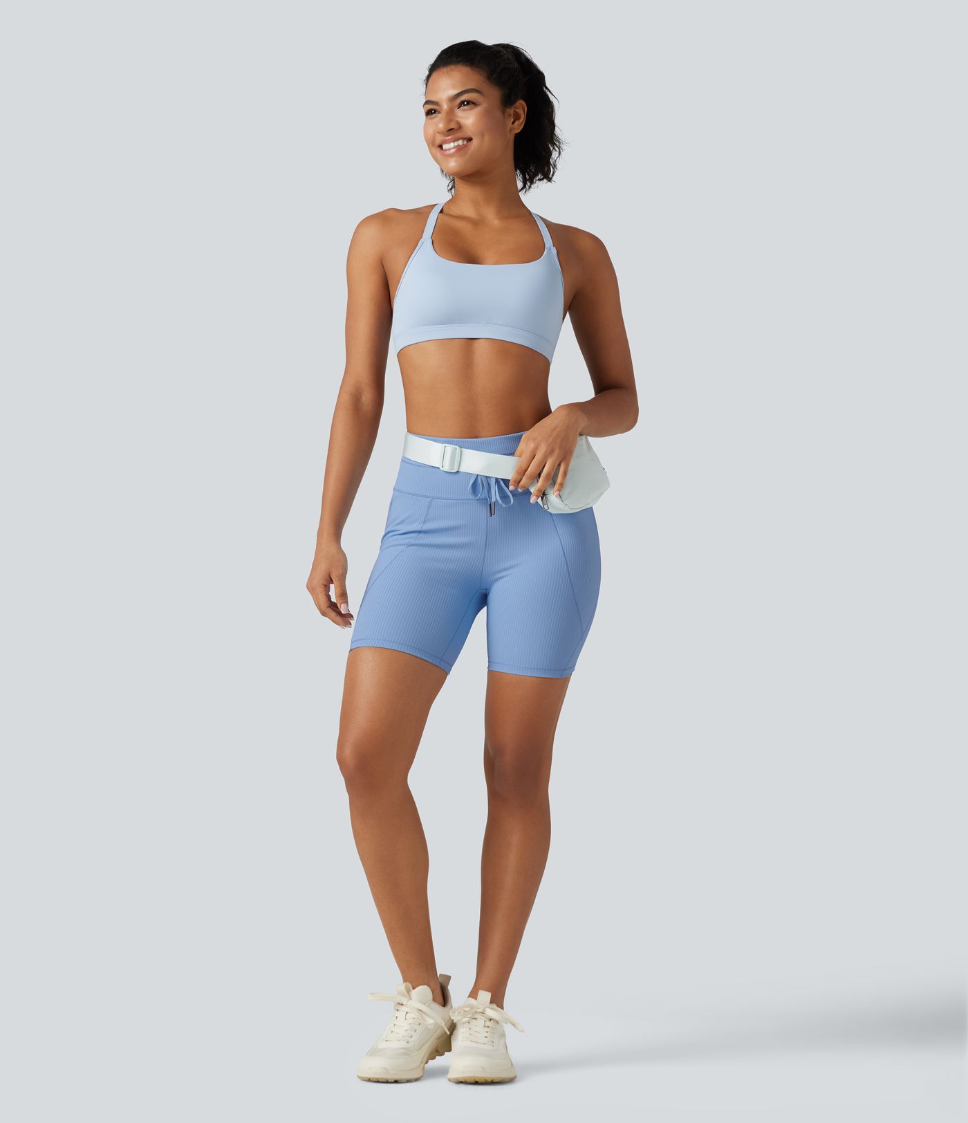 Ribbed Knit High Waisted Drawstring Quick Dry Yoga Biker Shorts 6'' with Pockets-UPF50+