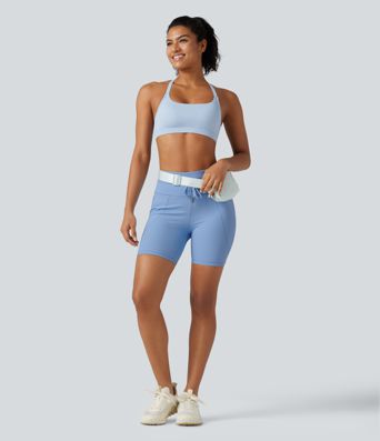 Ribbed Knit High Waisted Drawstring Quick Dry Yoga Biker Shorts 6'' with Pockets-UPF50+