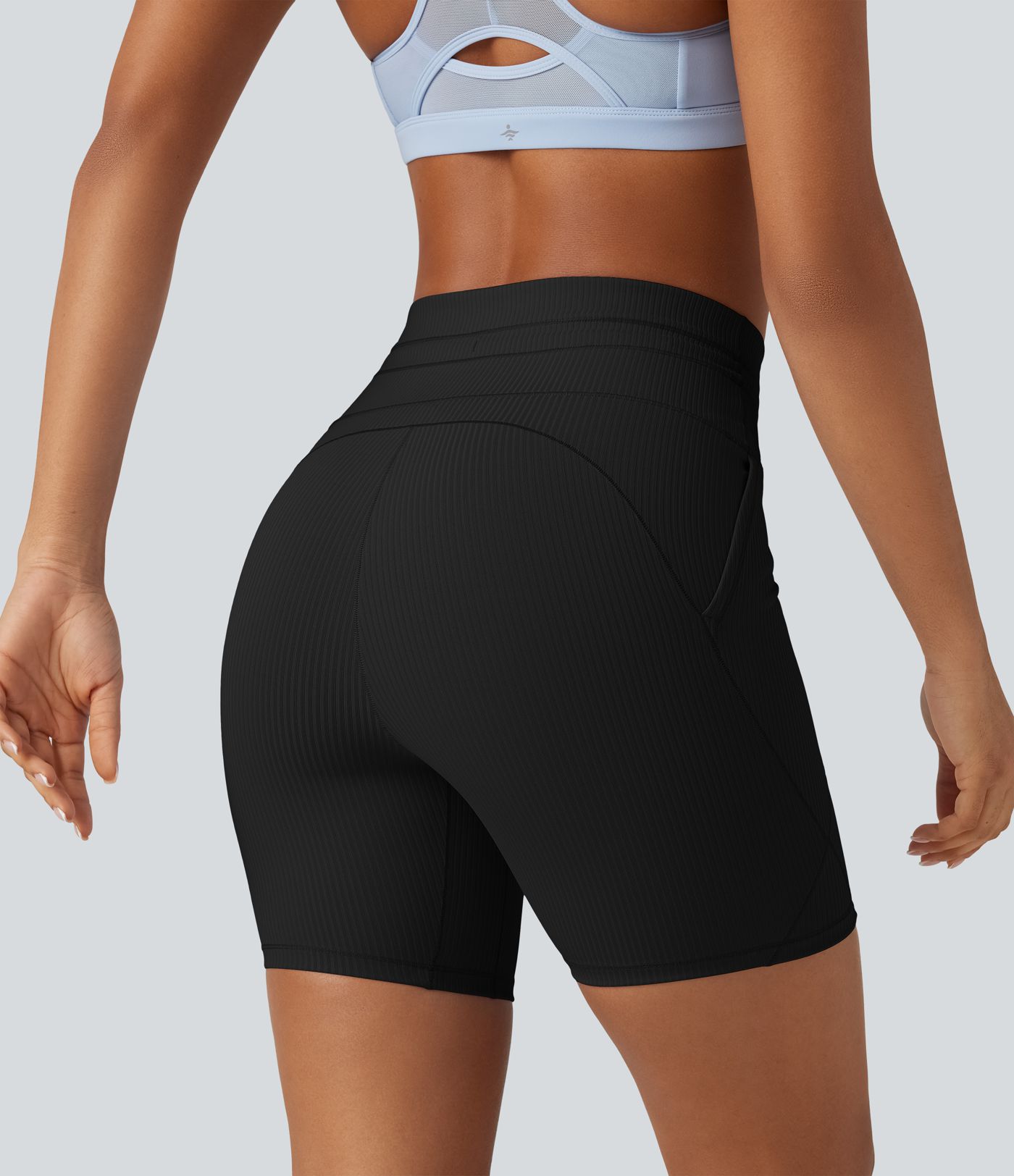 Ribbed Knit High Waisted Drawstring Quick Dry Yoga Biker Shorts 6'' with Pockets-UPF50+