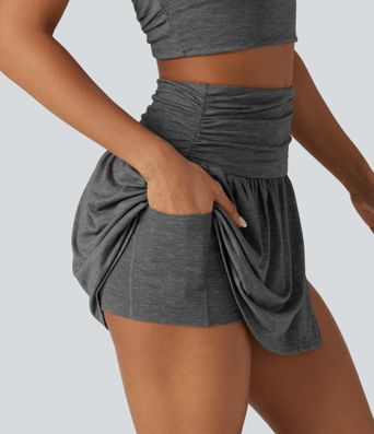 High Waisted Ruched Adjustable Buckle Mini 2-in-1 Workout A-Line Skirt with Pocket