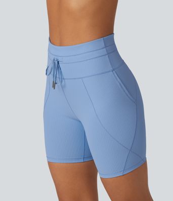 Ribbed Knit High Waisted Drawstring Quick Dry Yoga Biker Shorts 6'' with Pockets-UPF50+