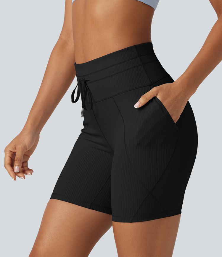 Ribbed Knit High Waisted Drawstring Quick Dry Yoga Biker Shorts 6'' with Pockets-UPF50+