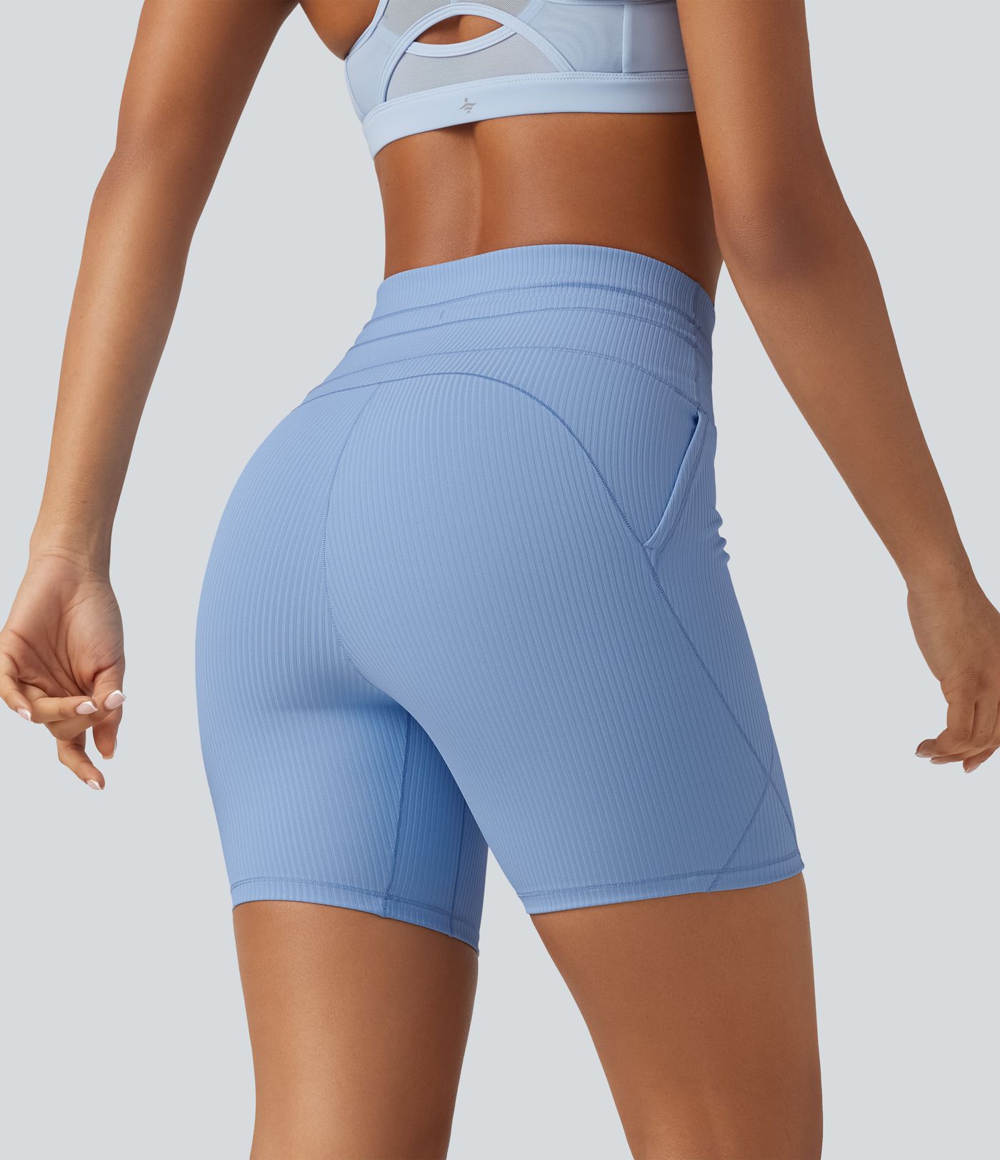 Ribbed Knit High Waisted Drawstring Quick Dry Yoga Biker Shorts 6'' with Pockets-UPF50+