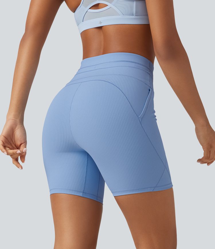 Ribbed Knit High Waisted Drawstring Quick Dry Yoga Biker Shorts 6'' with Pockets-UPF50+