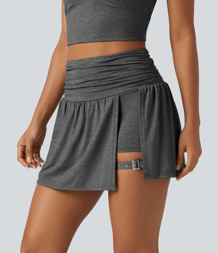 High Waisted Ruched Adjustable Buckle Mini 2-in-1 Workout A-Line Skirt with Pocket