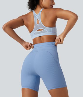 Ribbed Knit High Waisted Drawstring Quick Dry Yoga Biker Shorts 6'' with Pockets-UPF50+