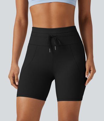 Ribbed Knit High Waisted Drawstring Quick Dry Yoga Biker Shorts 6'' with Pockets-UPF50+