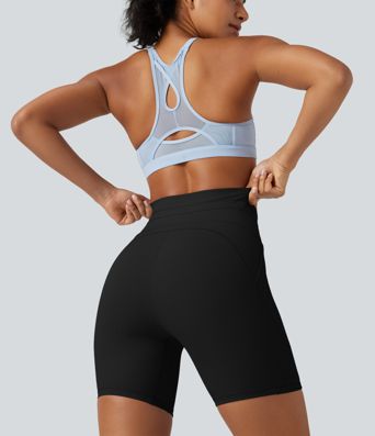 Ribbed Knit High Waisted Drawstring Quick Dry Yoga Biker Shorts 6'' with Pockets-UPF50+