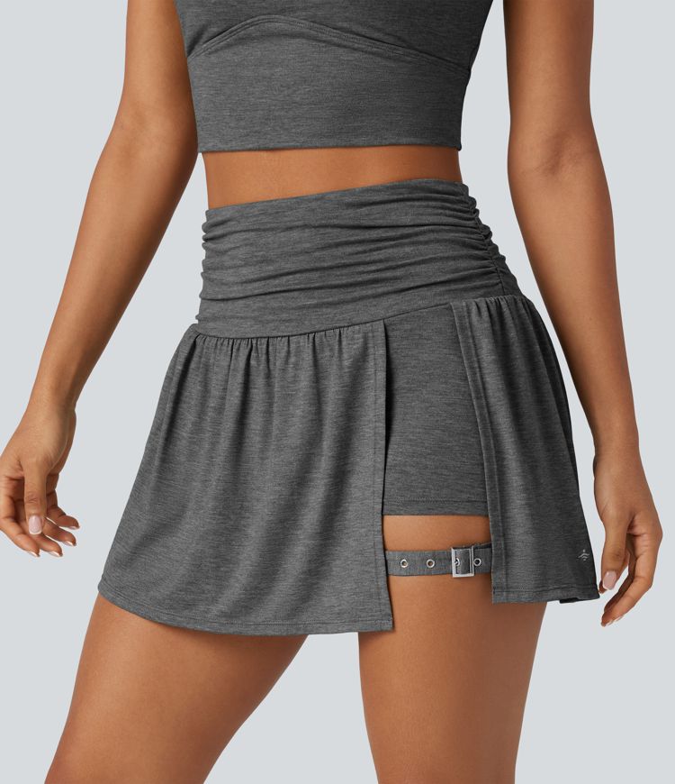 High Waisted Ruched Adjustable Buckle Mini 2-in-1 Workout A-Line Skirt with Pocket