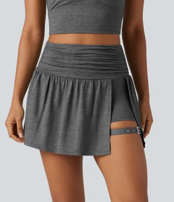 High Waisted Ruched Adjustable Buckle Mini 2-in-1 Workout A-Line Skirt with Pocket