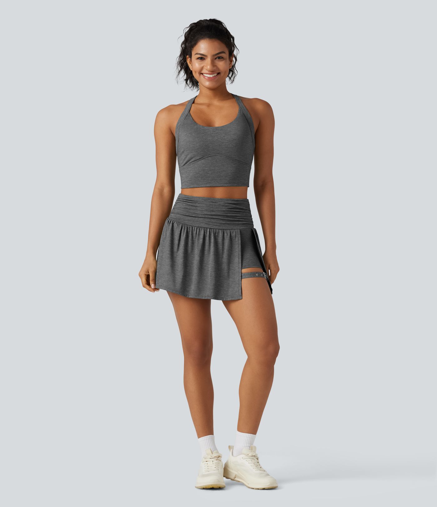 High Waisted Ruched Adjustable Buckle Mini 2-in-1 Workout A-Line Skirt with Pocket