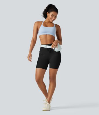 Ribbed Knit High Waisted Drawstring Quick Dry Yoga Biker Shorts 6'' with Pockets-UPF50+