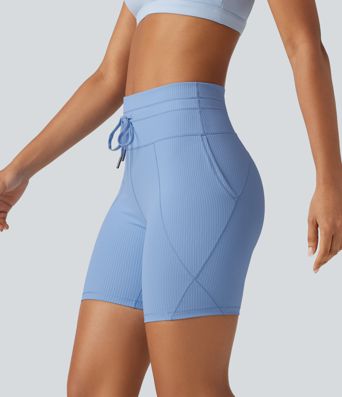 Ribbed Knit High Waisted Drawstring Quick Dry Yoga Biker Shorts 6'' with Pockets-UPF50+