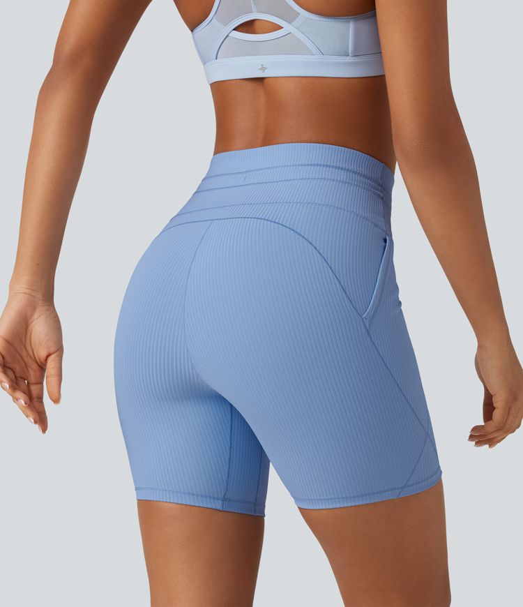 Ribbed Knit High Waisted Drawstring Quick Dry Yoga Biker Shorts 6'' with Pockets-UPF50+