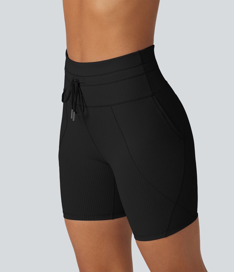 Ribbed Knit High Waisted Drawstring Quick Dry Yoga Biker Shorts 6'' with Pockets-UPF50+