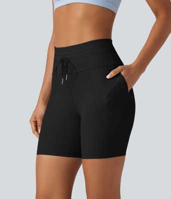 Ribbed Knit High Waisted Drawstring Quick Dry Yoga Biker Shorts 6'' with Pockets-UPF50+